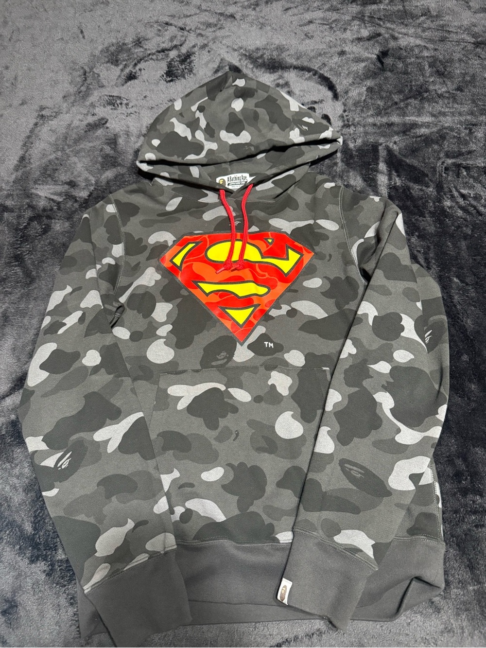 Bape Men's Gray Camo Hoodie with Red and Yellow Superman Logo